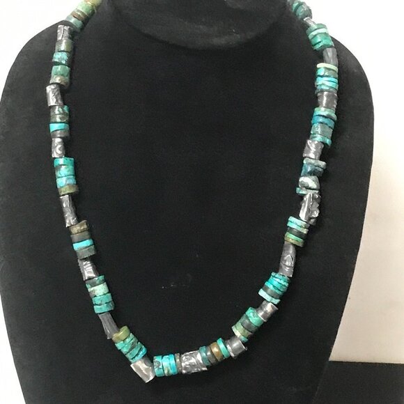 Genuine Turquoise Sterling Silver Necklace Heishi Beads Antique Sustainable 925 - Picture 3 of 8